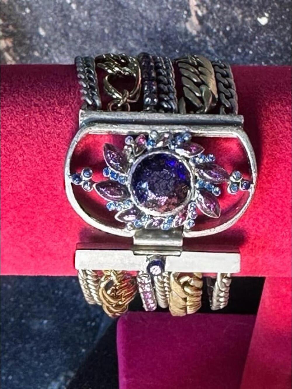 Vintage Bracelet Art Deco style 6.5” silver, gold tones purple stones nice